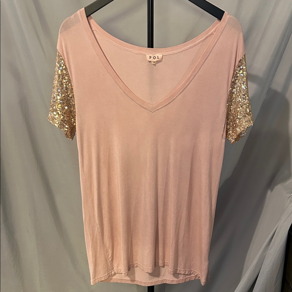 POL Blush Pink Top with Gold Sequin Sleeves size small